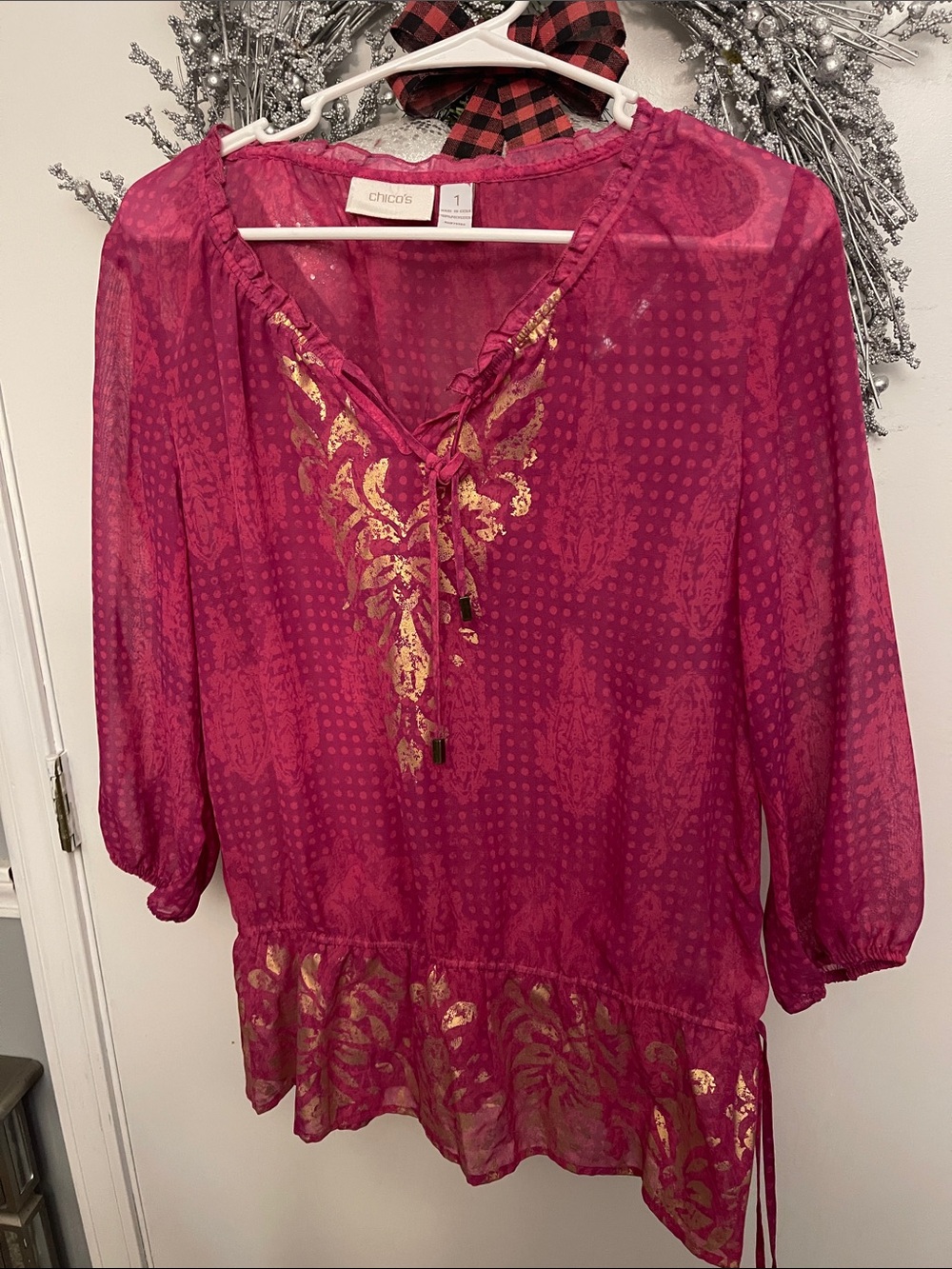 Chico's Fuchsia Peasant Tunic with Gold Foil Detail